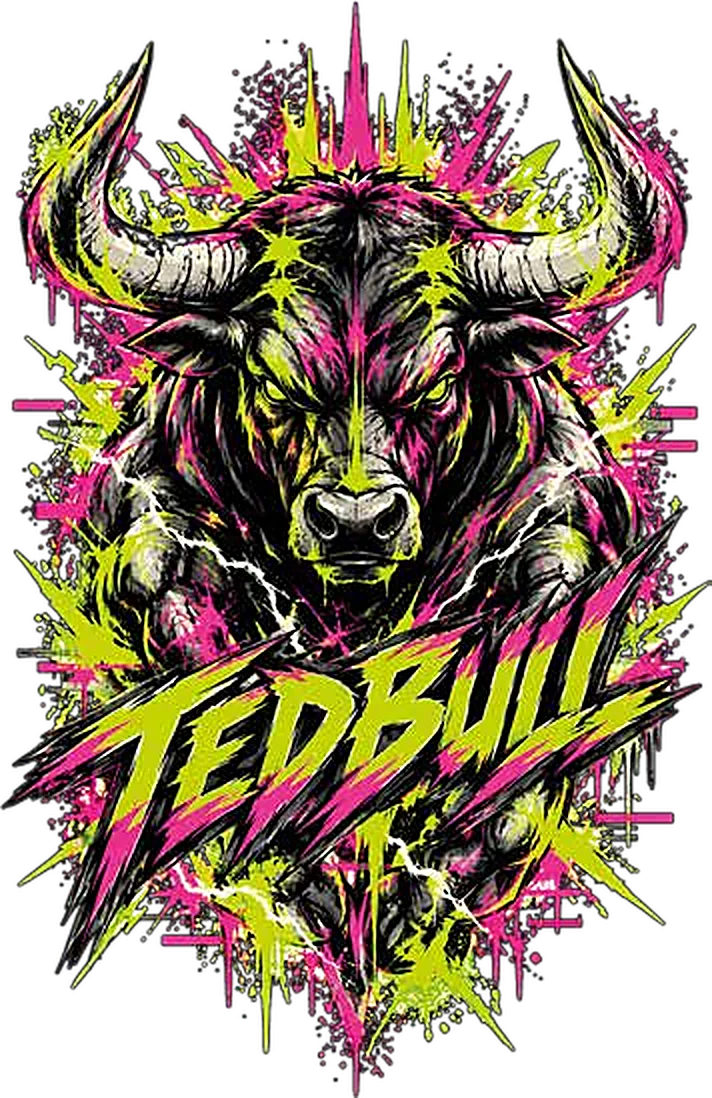 Il toro TEDBULL: testa di toro infuriata con schizzi verde acido e fucsia